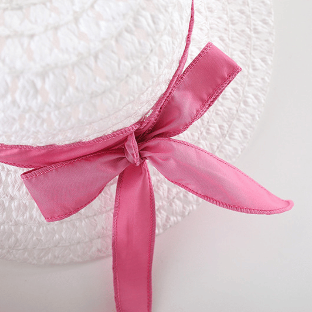 Bow Suspender Dress Set with Straw Hat