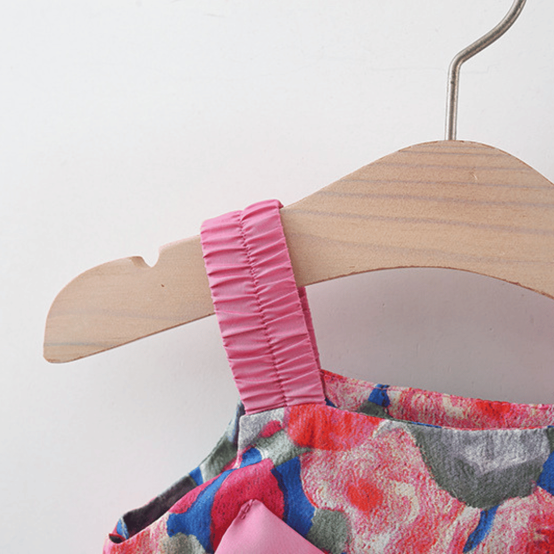 Bow Suspender Dress Set with Straw Hat