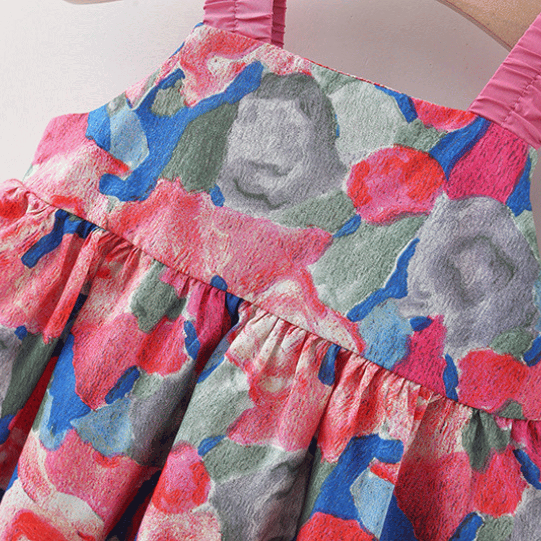 Bow Suspender Dress Set with Straw Hat