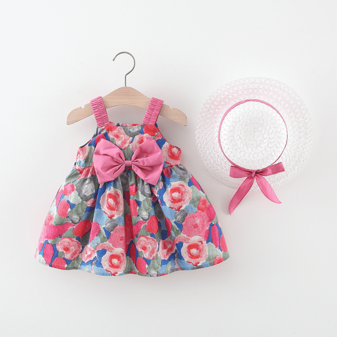 Bow Suspender Dress Set with Straw Hat