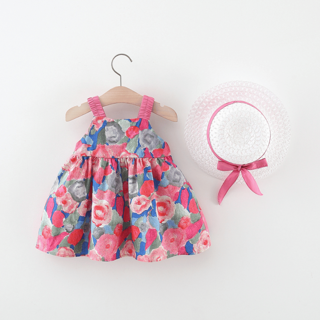 Bow Suspender Dress Set with Straw Hat