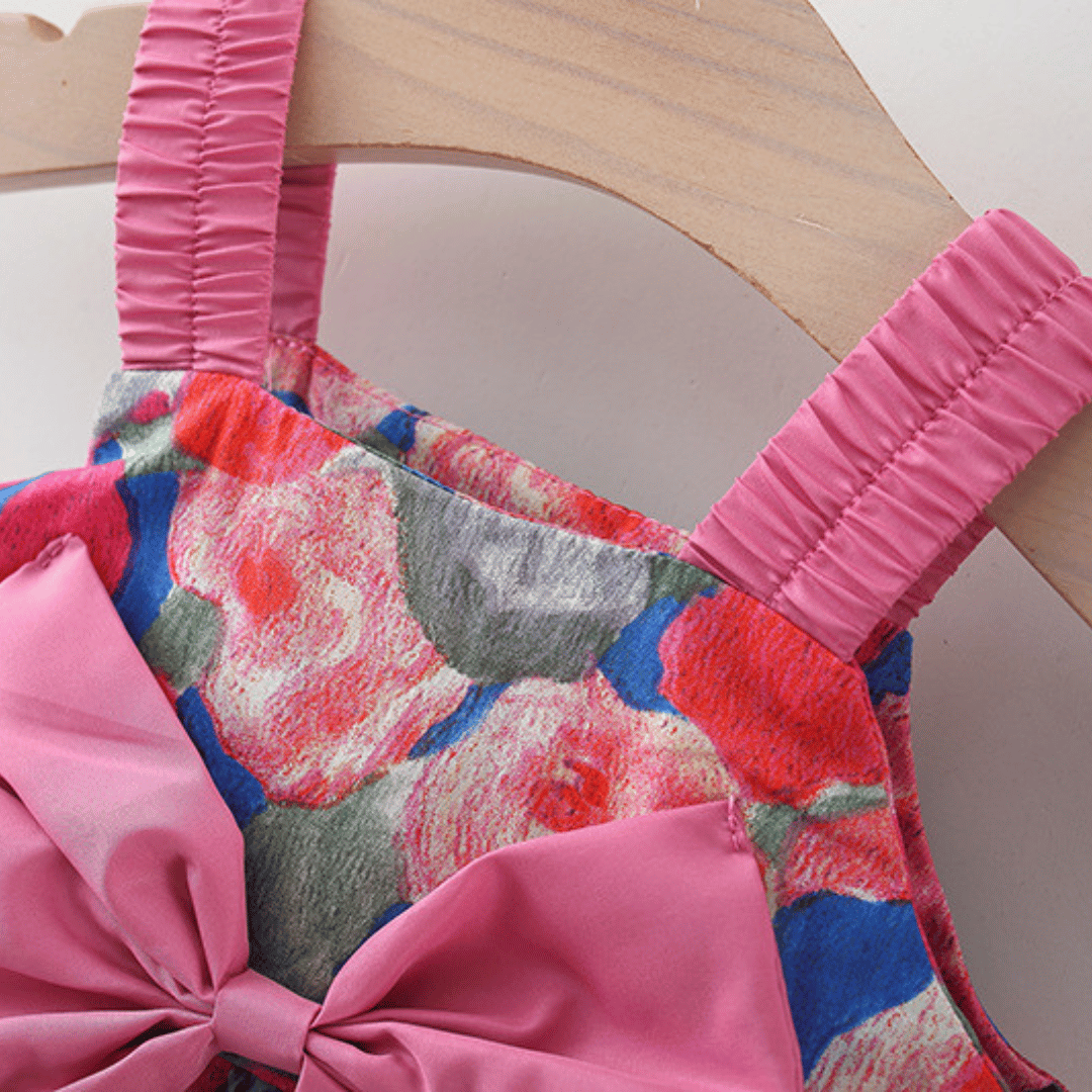 Bow Suspender Dress Set with Straw Hat