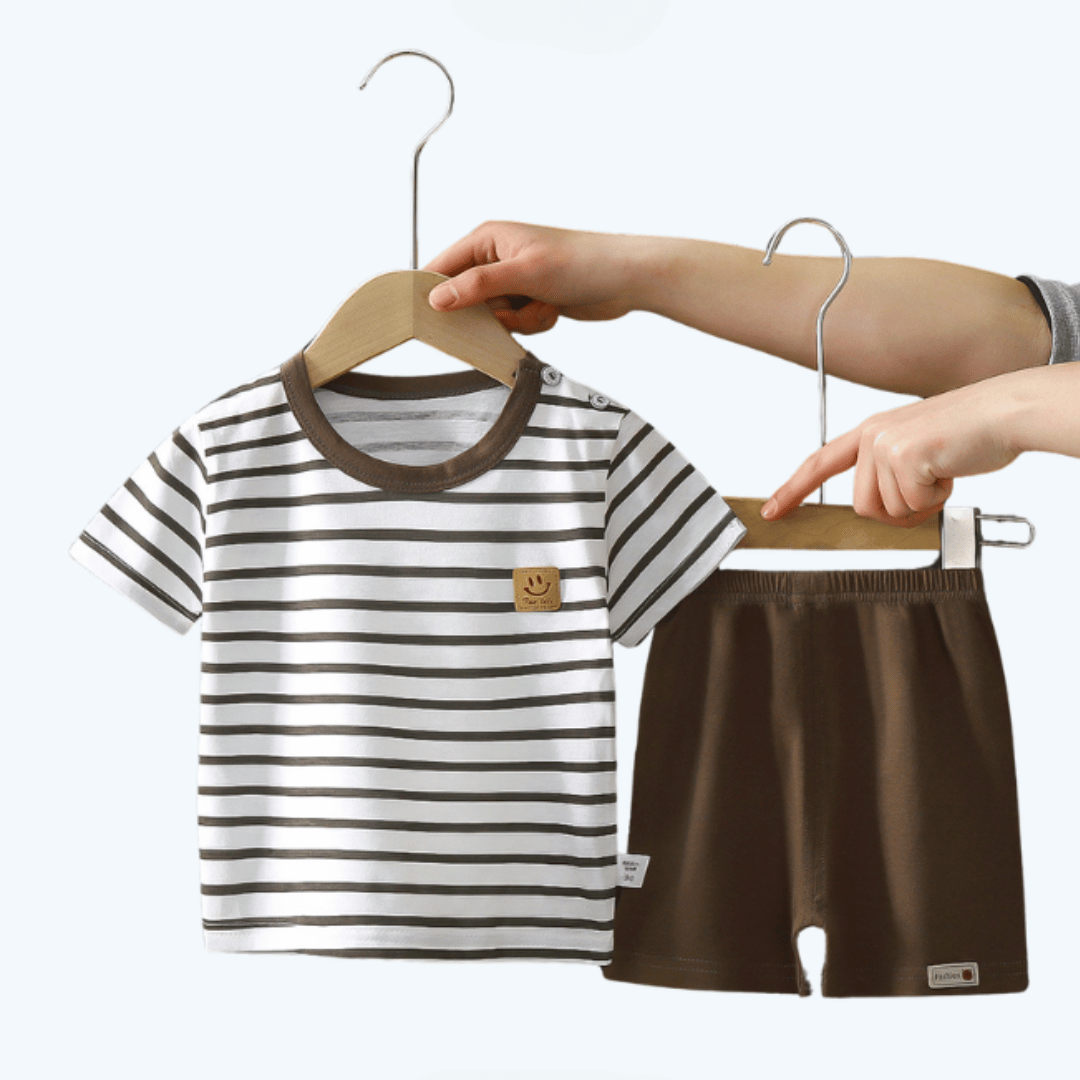 Coffee Stripe T-Shirt & Shorts Set_COF-YU