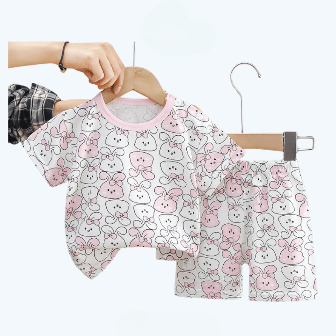 Pink Bunny Flower Kids T-Shirt & Shorts Set