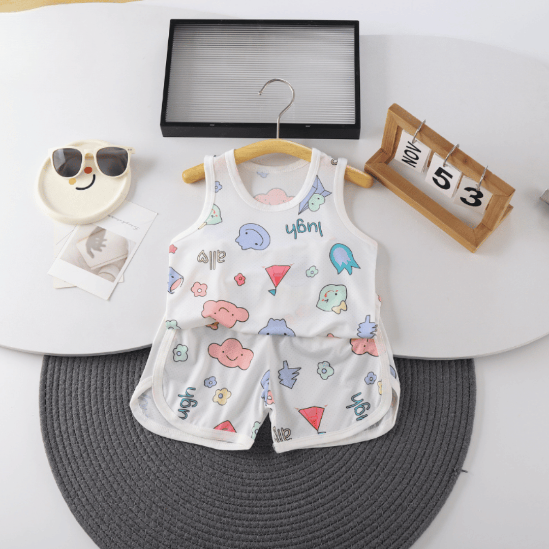 Cartoon Clouds Boys Ice Silk Vest & Shorts Set