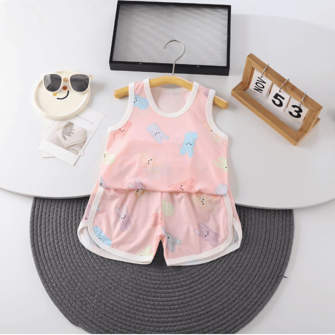 Pink Bunny Ice Silk Vest & Shorts Set