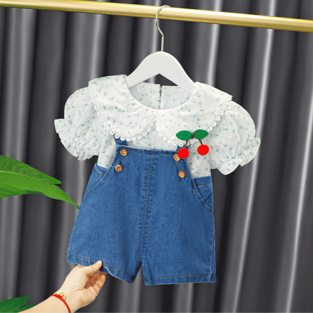 Cherry Bloom Denim Bib Set