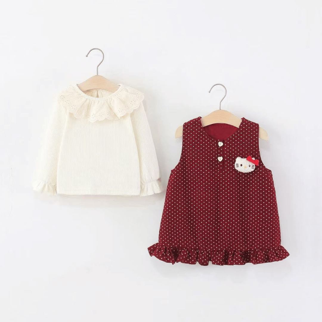 Polka Dot Cat Kitty Lace Collar Dress Set