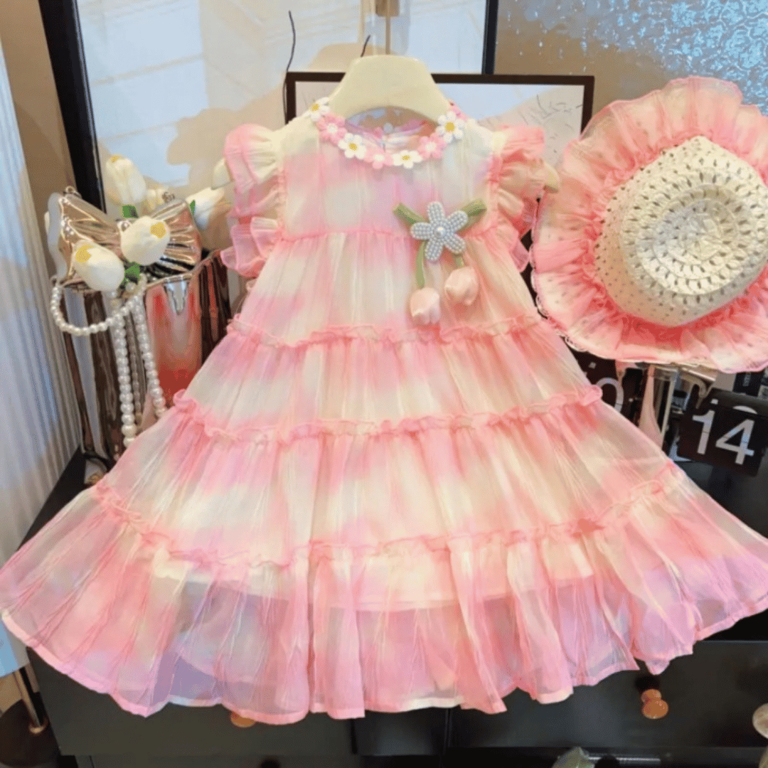 Blush Rainbow Tulle Baby Princess Dress With Hat