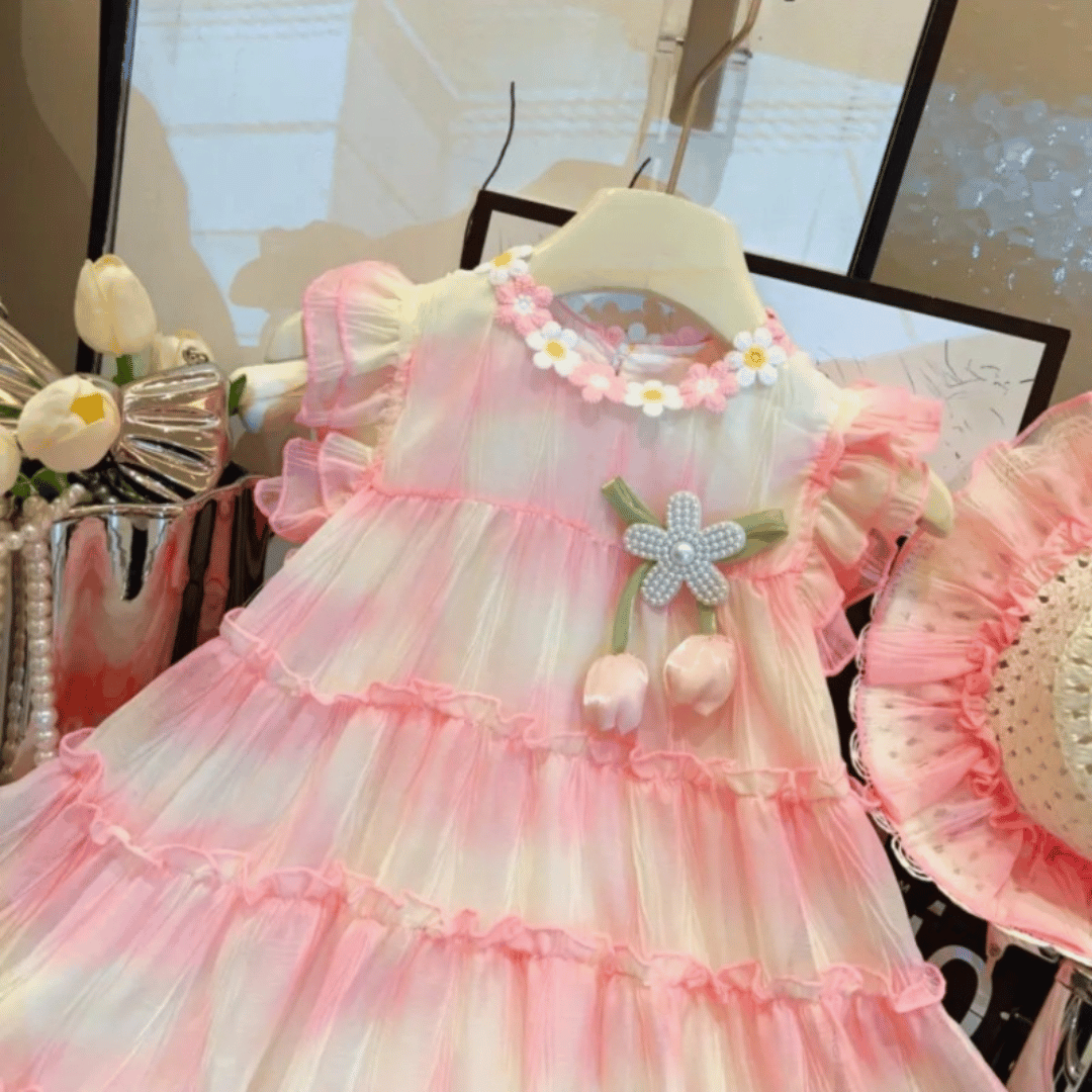Blush Rainbow Tulle Baby Princess Dress With Hat