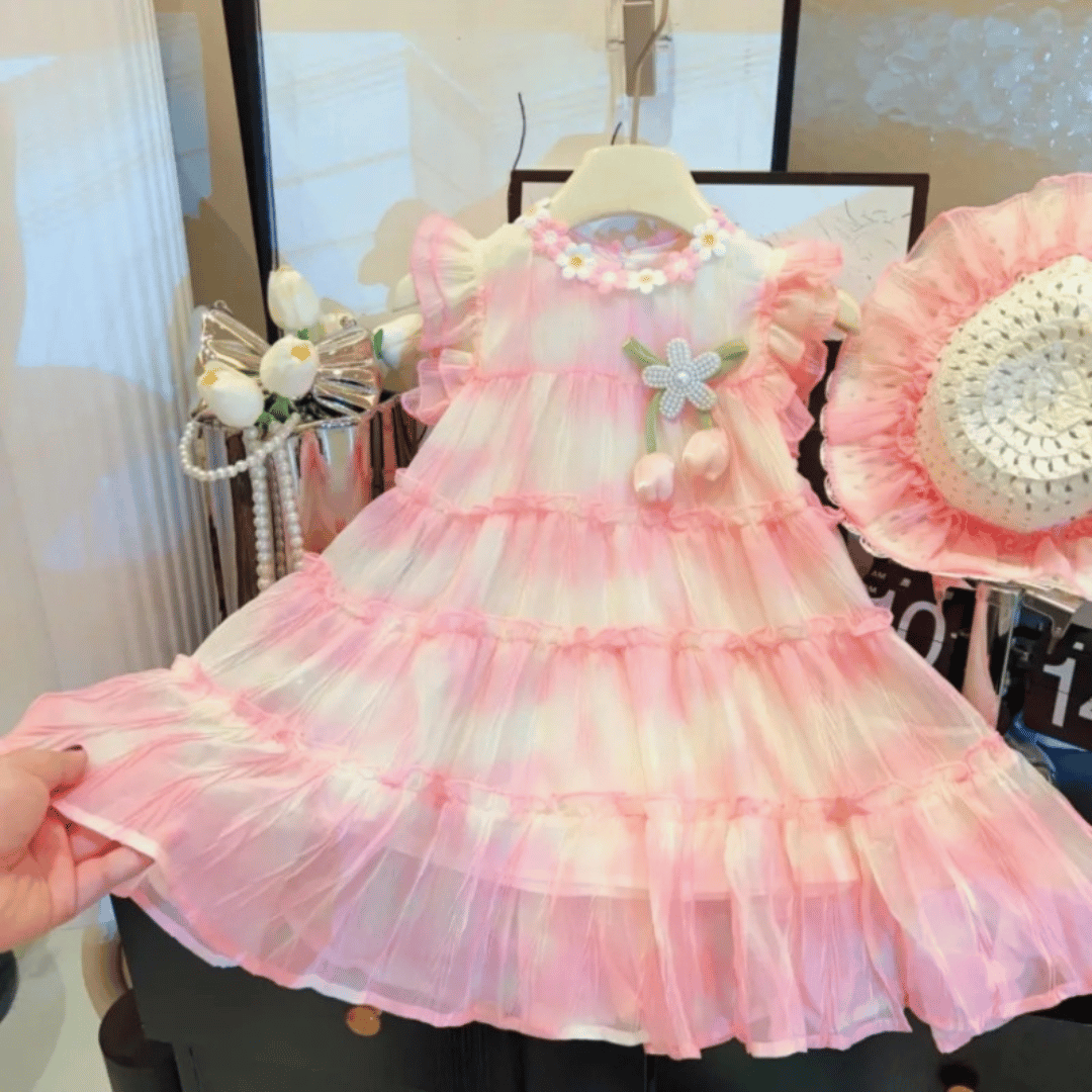 Blush Rainbow Tulle Baby Princess Dress With Hat