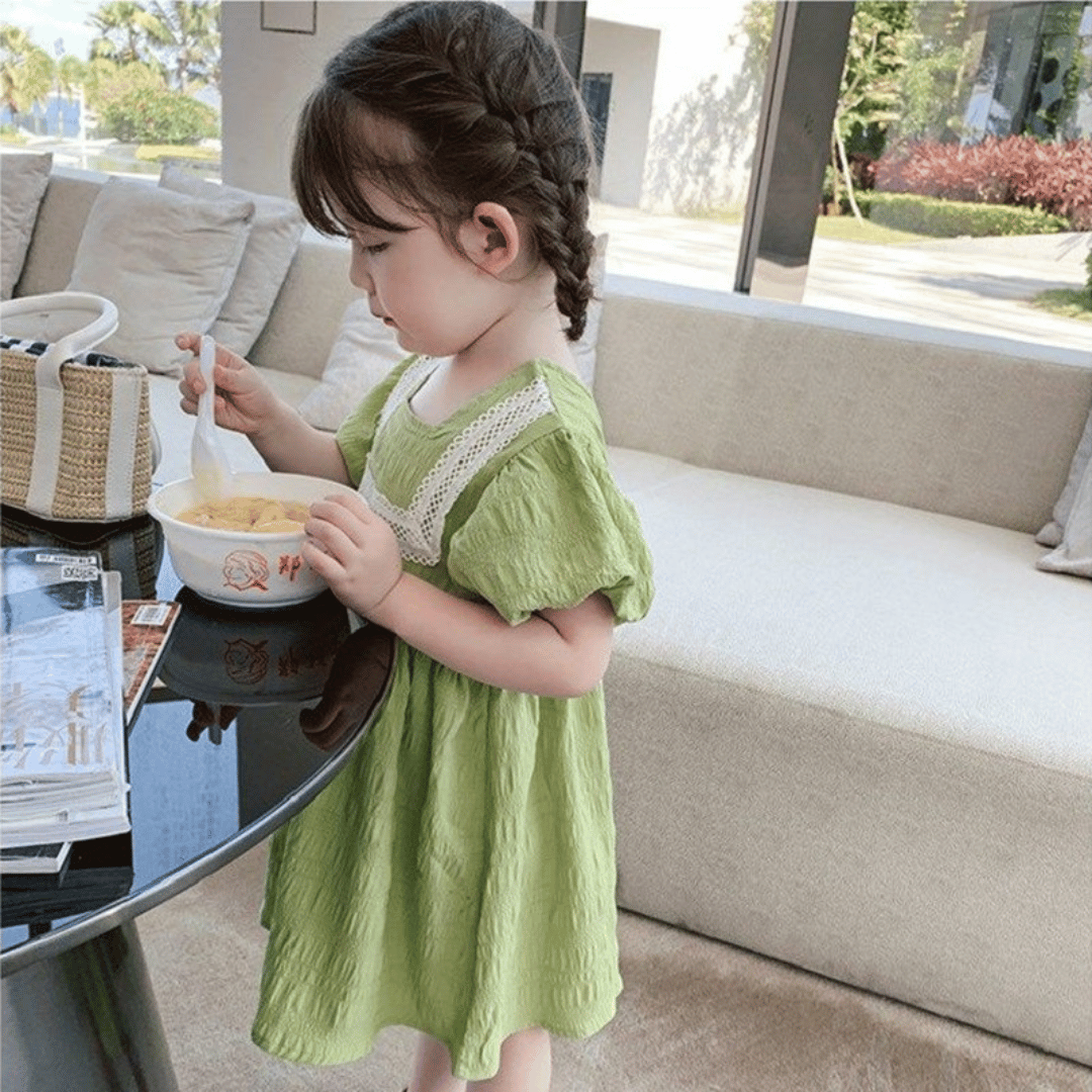 Olive Green Lace Puff Sleeve Dress