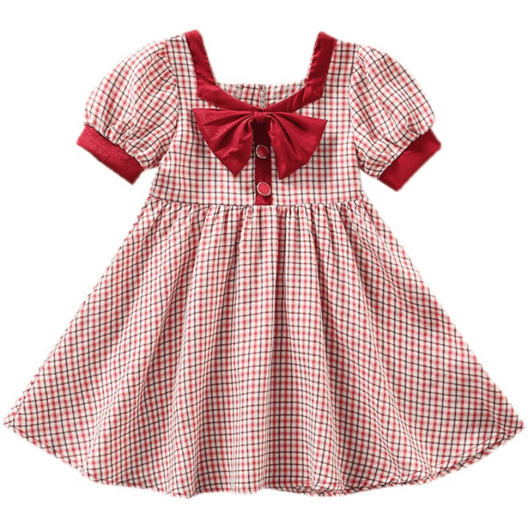 Vintage Check Bow Puff Sleeve Dress