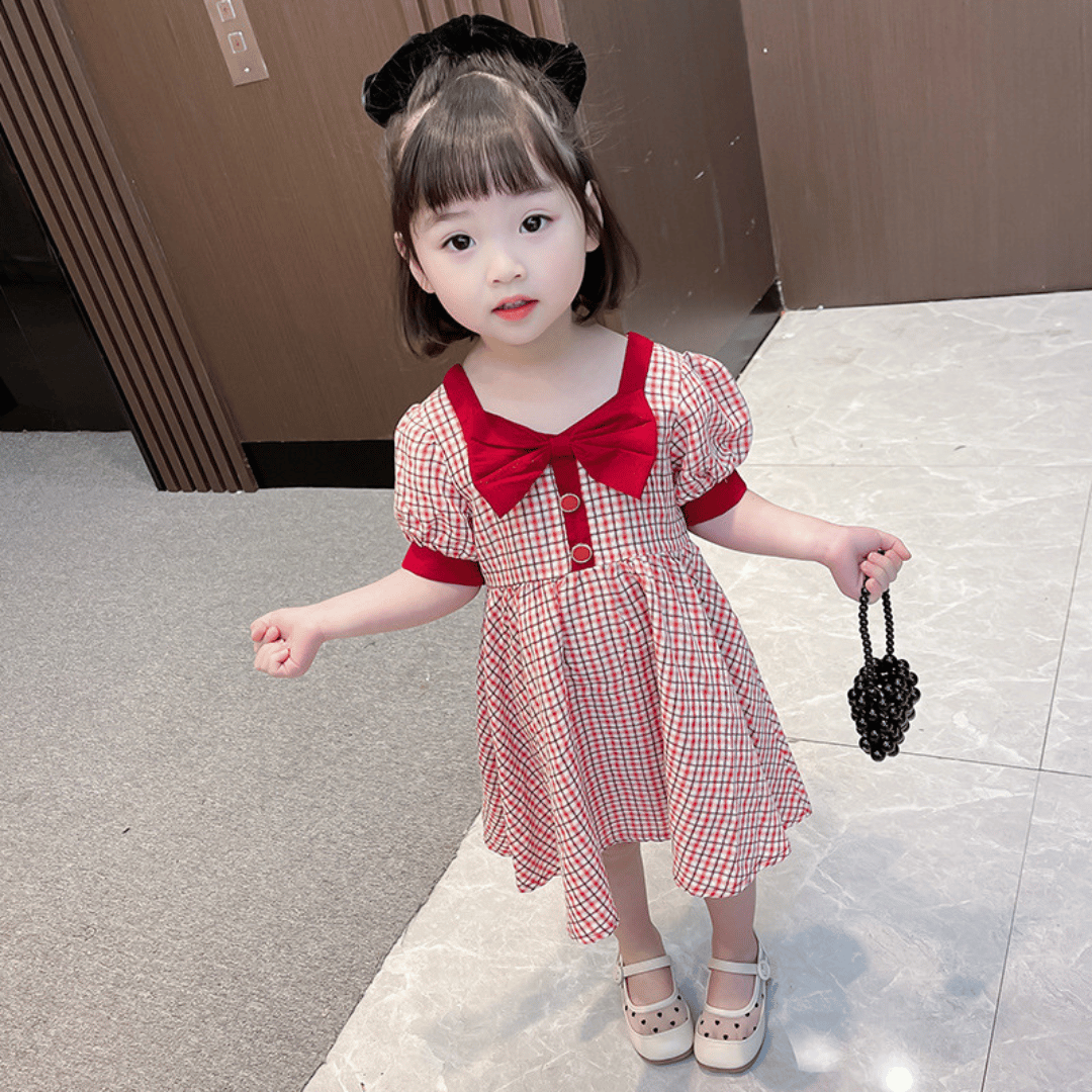 Vintage Check Bow Puff Sleeve Dress