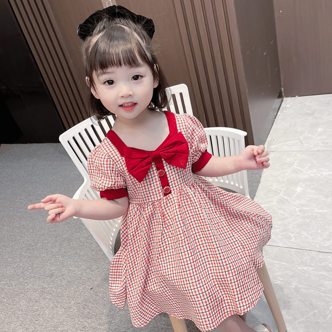 Vintage Check Bow Puff Sleeve Dress