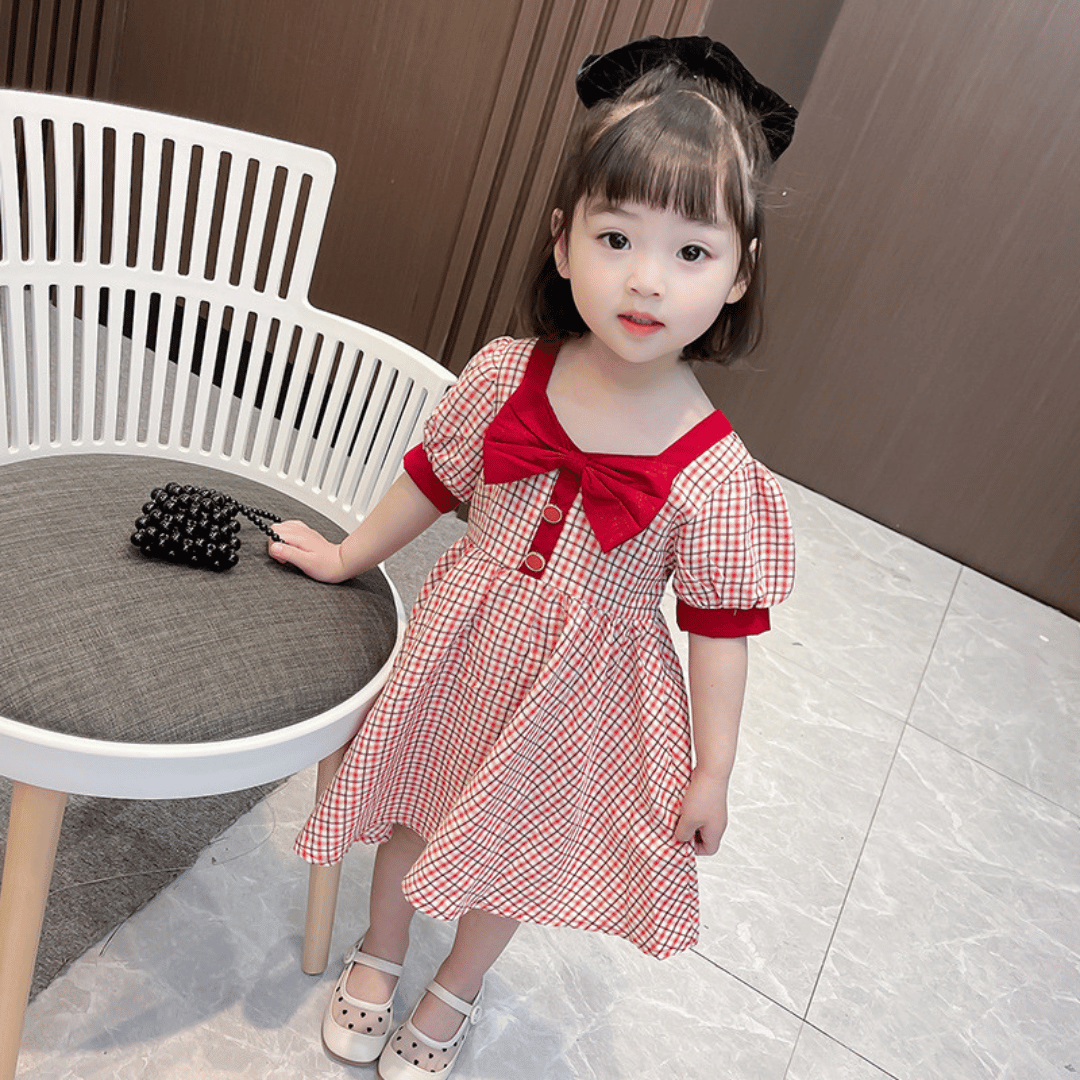 Vintage Check Bow Puff Sleeve Dress