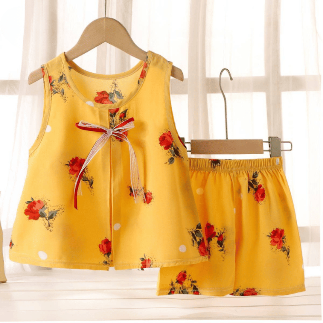 Yellow Red Girls Cotton Silk Floral Skirt Dress