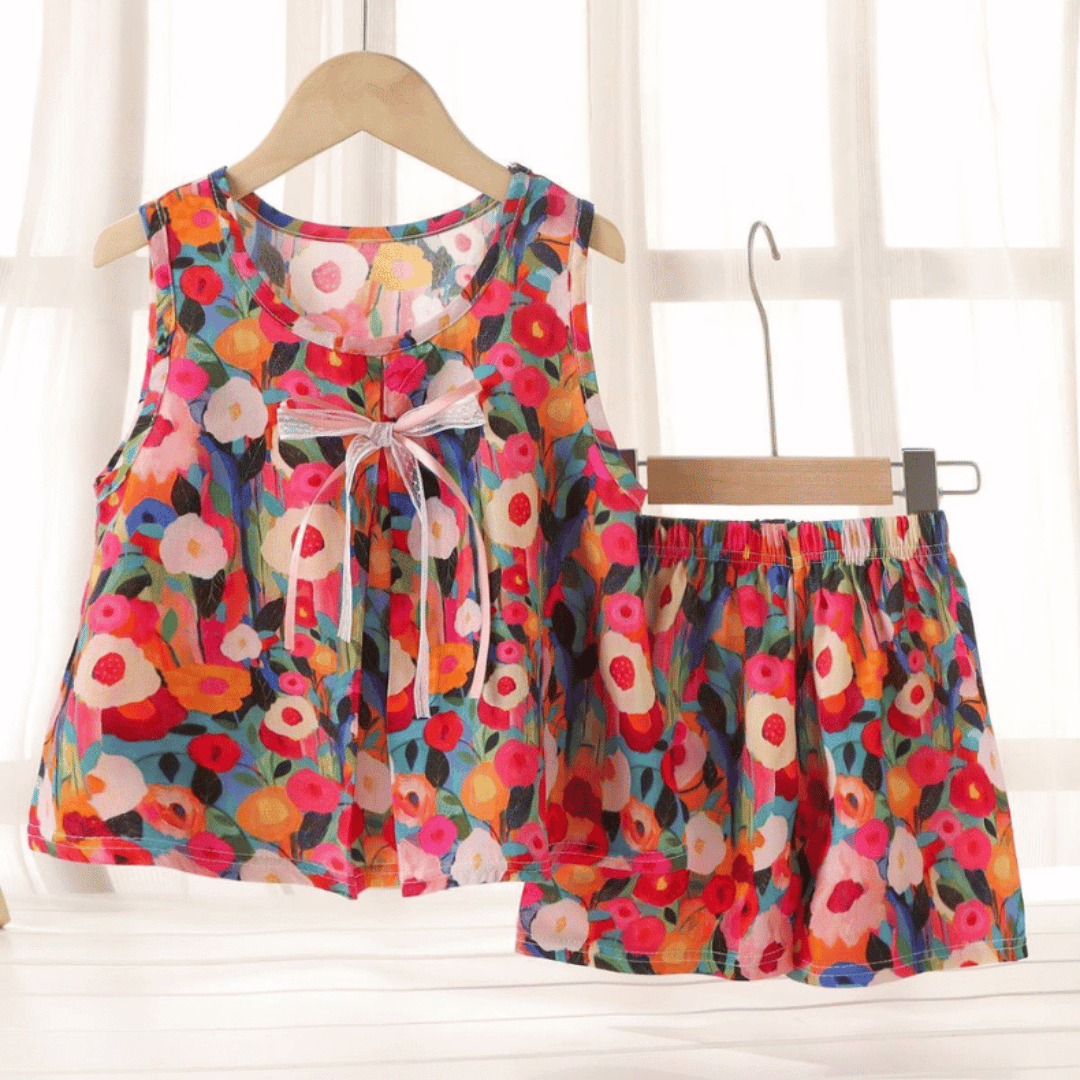 Red Flowers Girls Cotton Silk Floral Skirt Dress