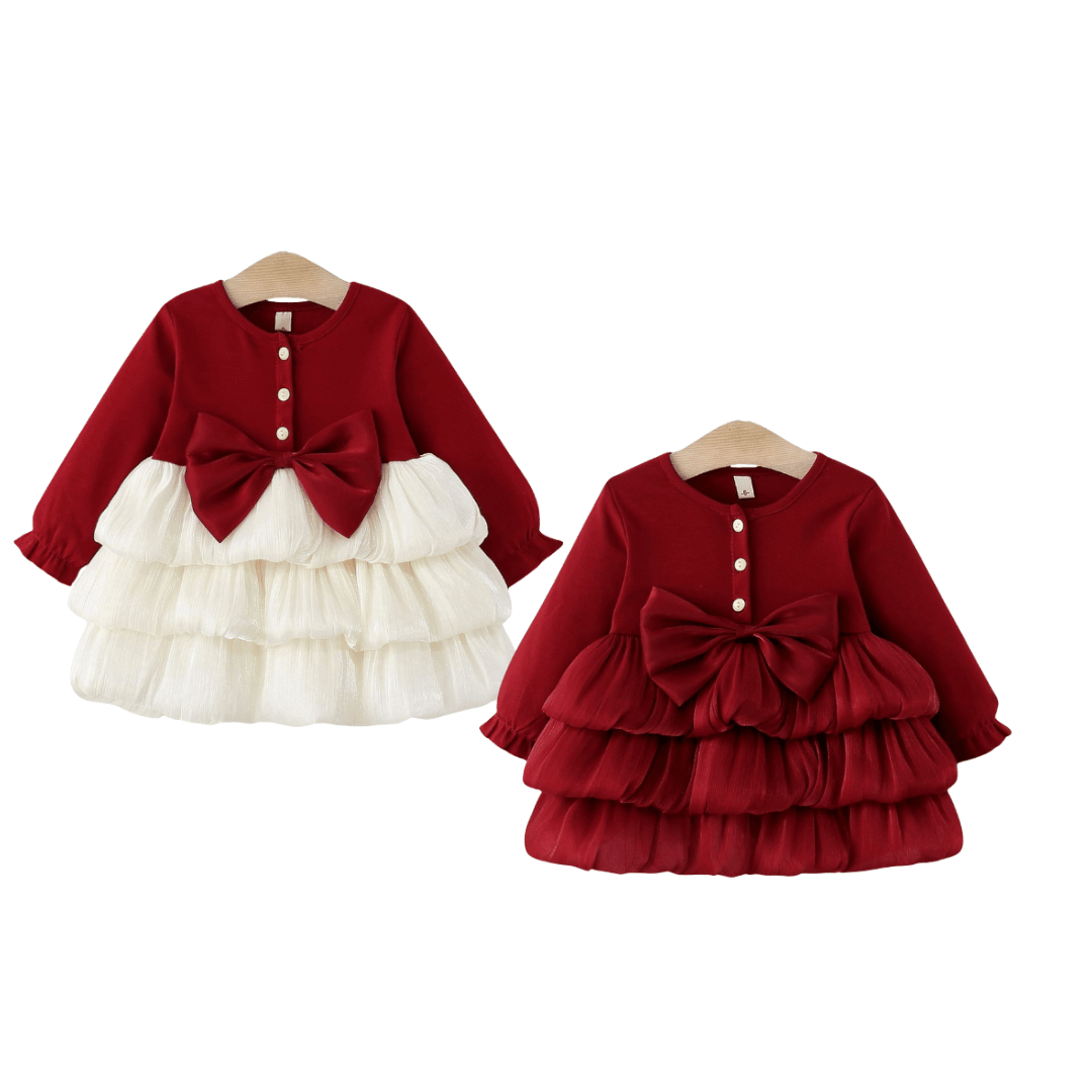 Long Sleeve Luxury Layered Tulle Bow Princess Dress