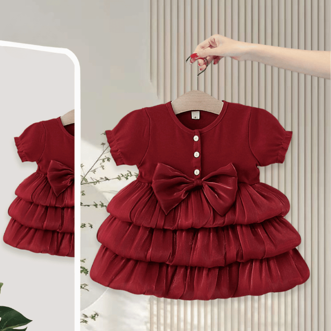 Short Sleeve Luxury Layered Tulle Bow Princess Dress