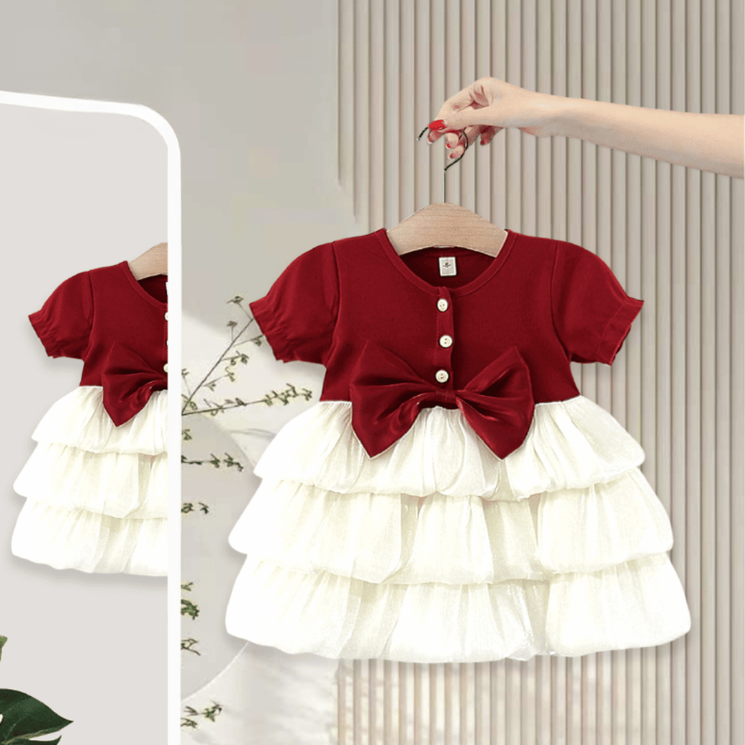Short Sleeve Luxury Layered Tulle Bow Princess Dress