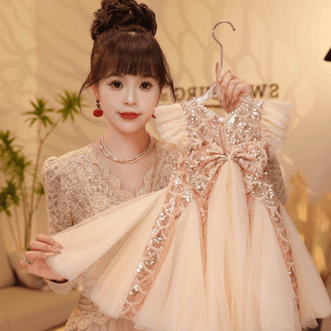 Royal Sequin Pearl Hare Bow Princess Dress