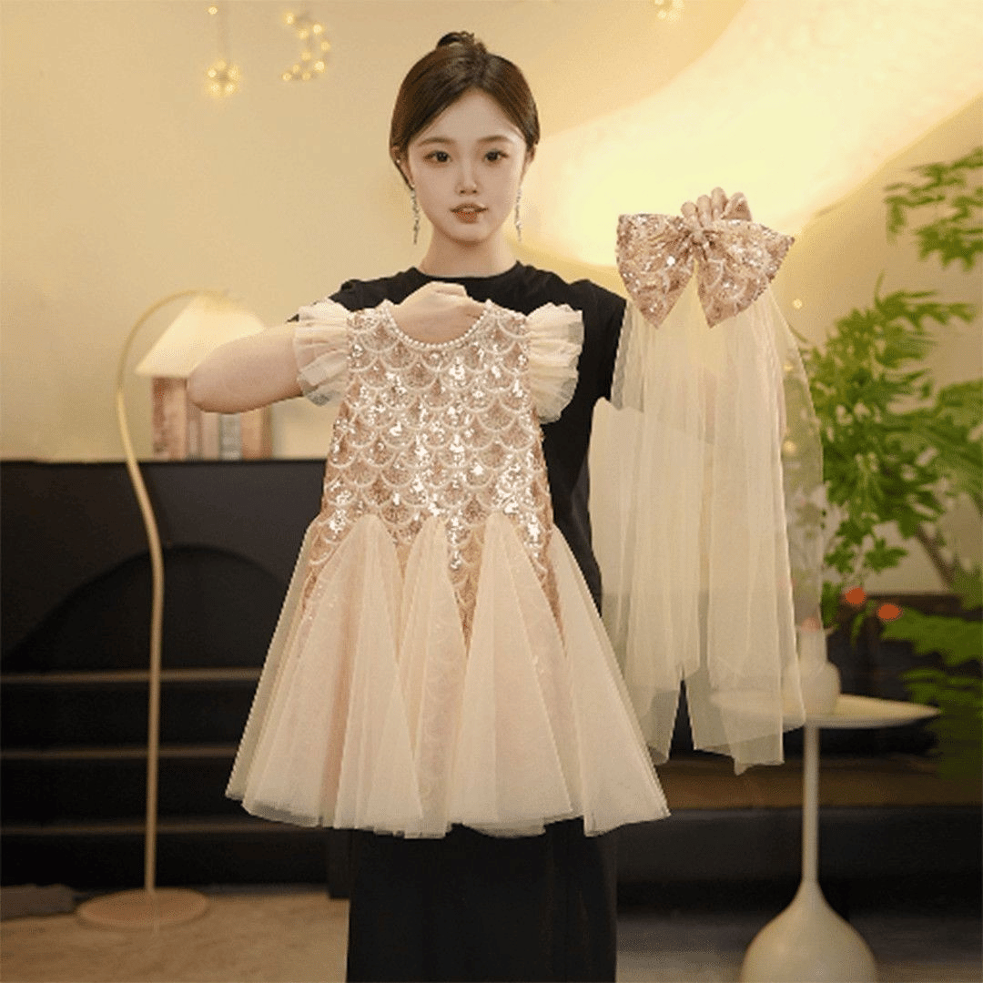 Royal Sequin Pearl Hare Bow Princess Dress