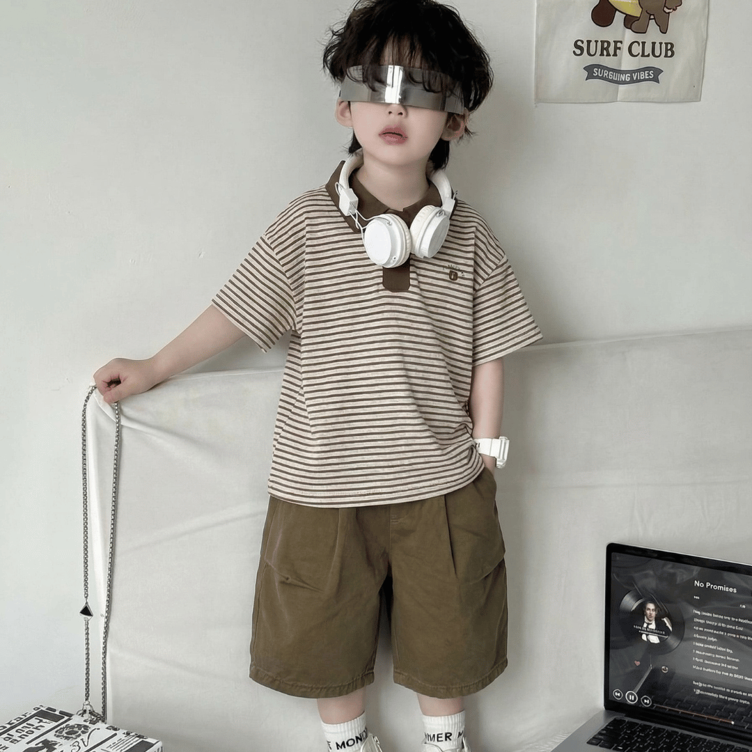 Boys Summer Beige Stripe T-Shirt Shorts Sets