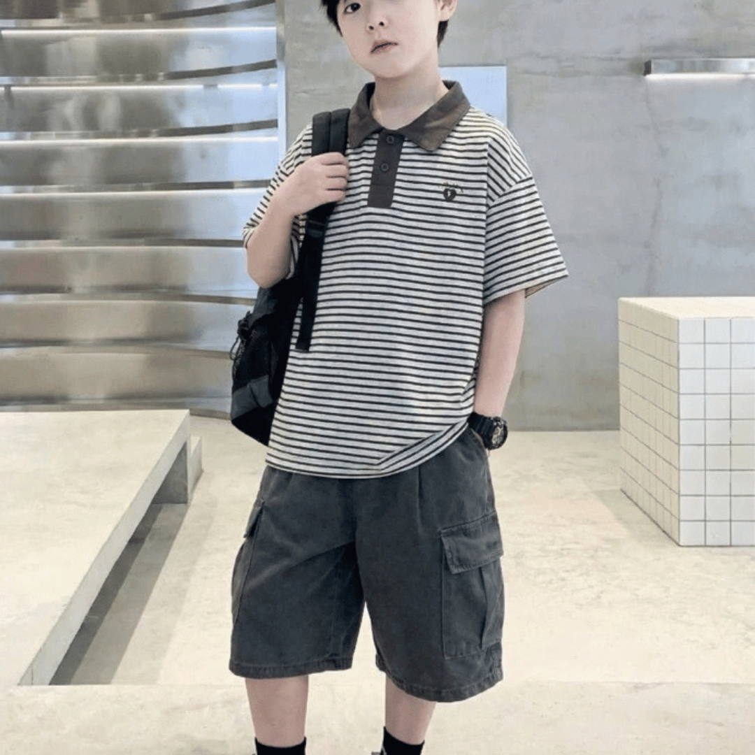 Collar Short Sleeve Striped Polo T-Shirt Set