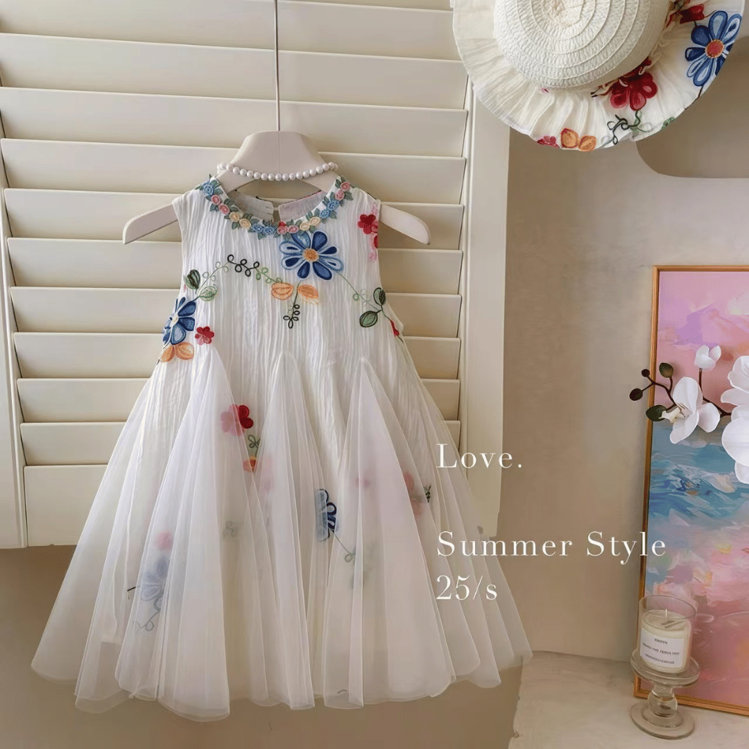 Elegant White Floral Baby Party Dress-Without Hat