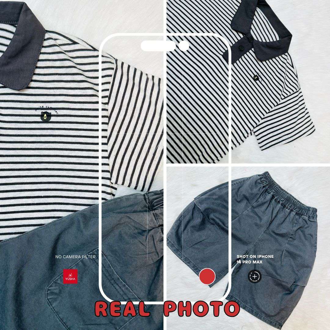 Collar Short Sleeve Striped Polo T-Shirt Set