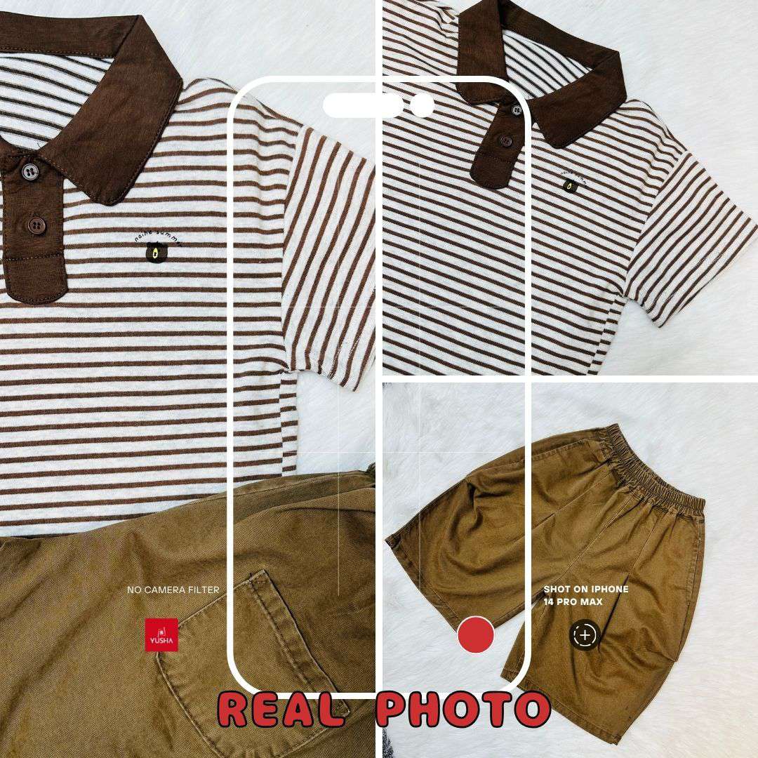 Boys Summer Beige Stripe T-Shirt Shorts Sets