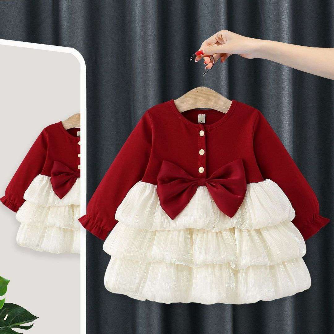 Long Sleeve Luxury Layered Tulle Bow Princess Dress