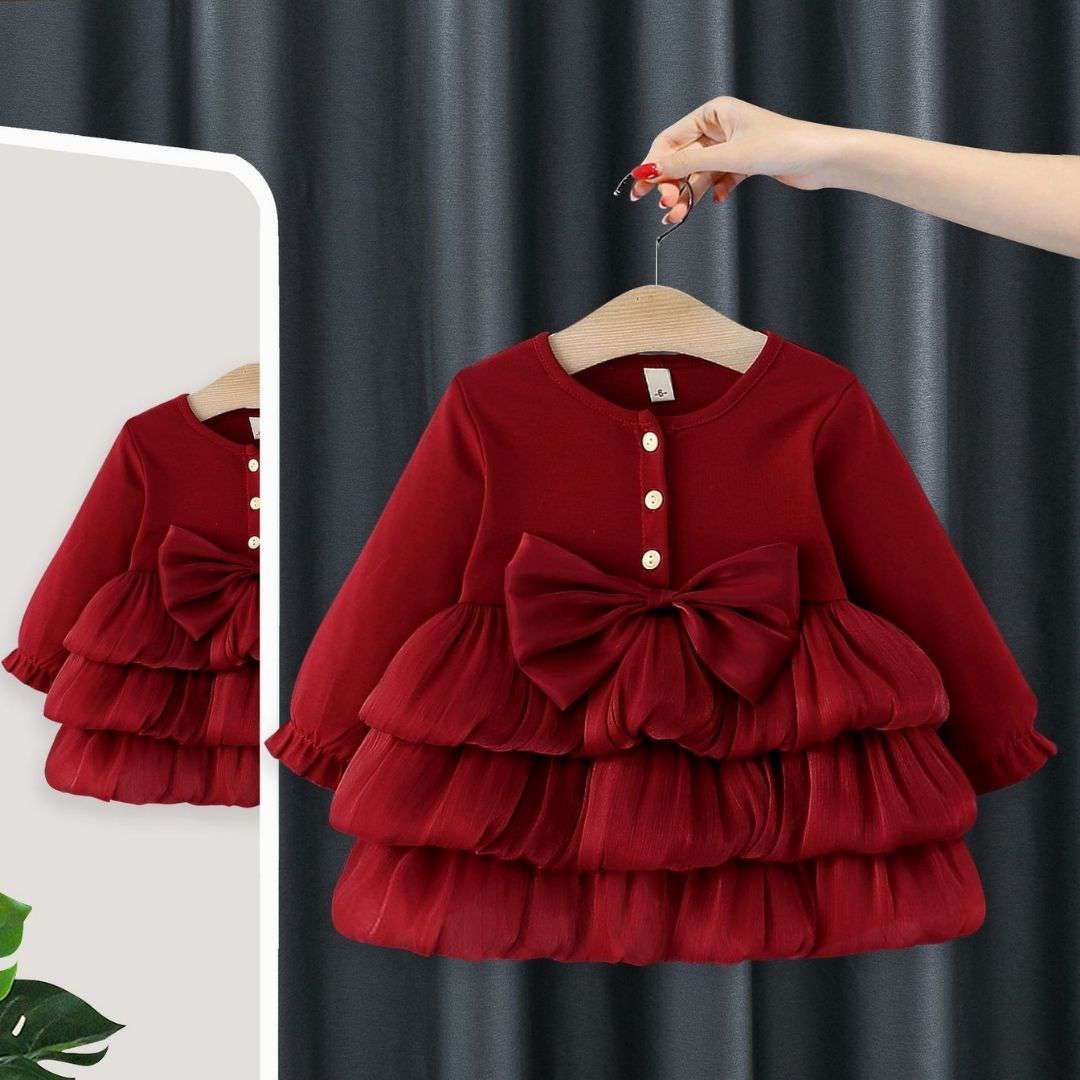 Long Sleeve Luxury Layered Tulle Bow Princess Dress