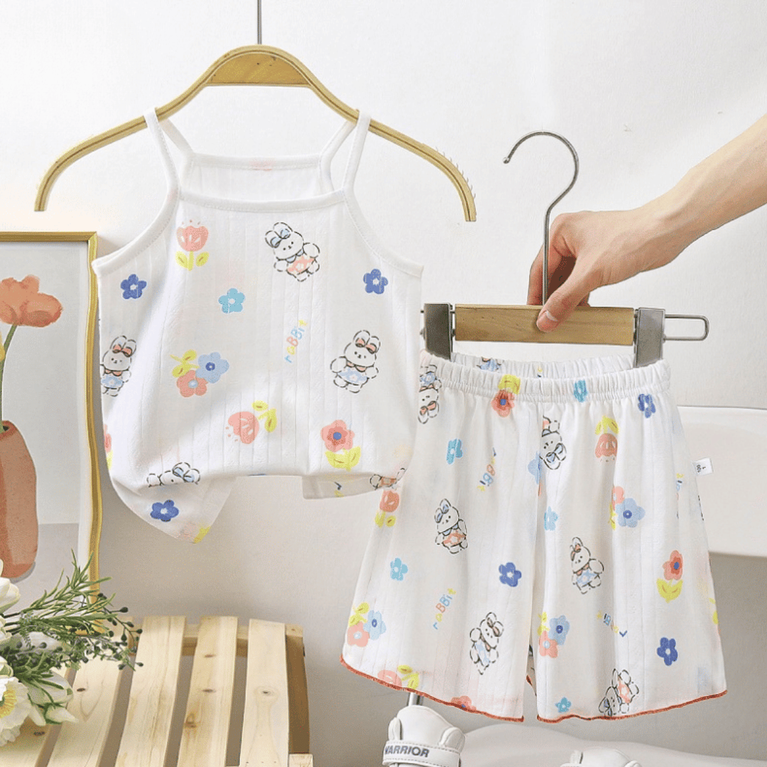 Flower Bunny Girls Summer Suspender Skirt Set