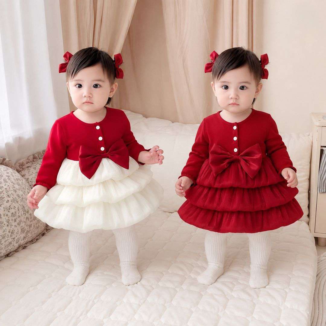 Long Sleeve Luxury Layered Tulle Bow Princess Dress