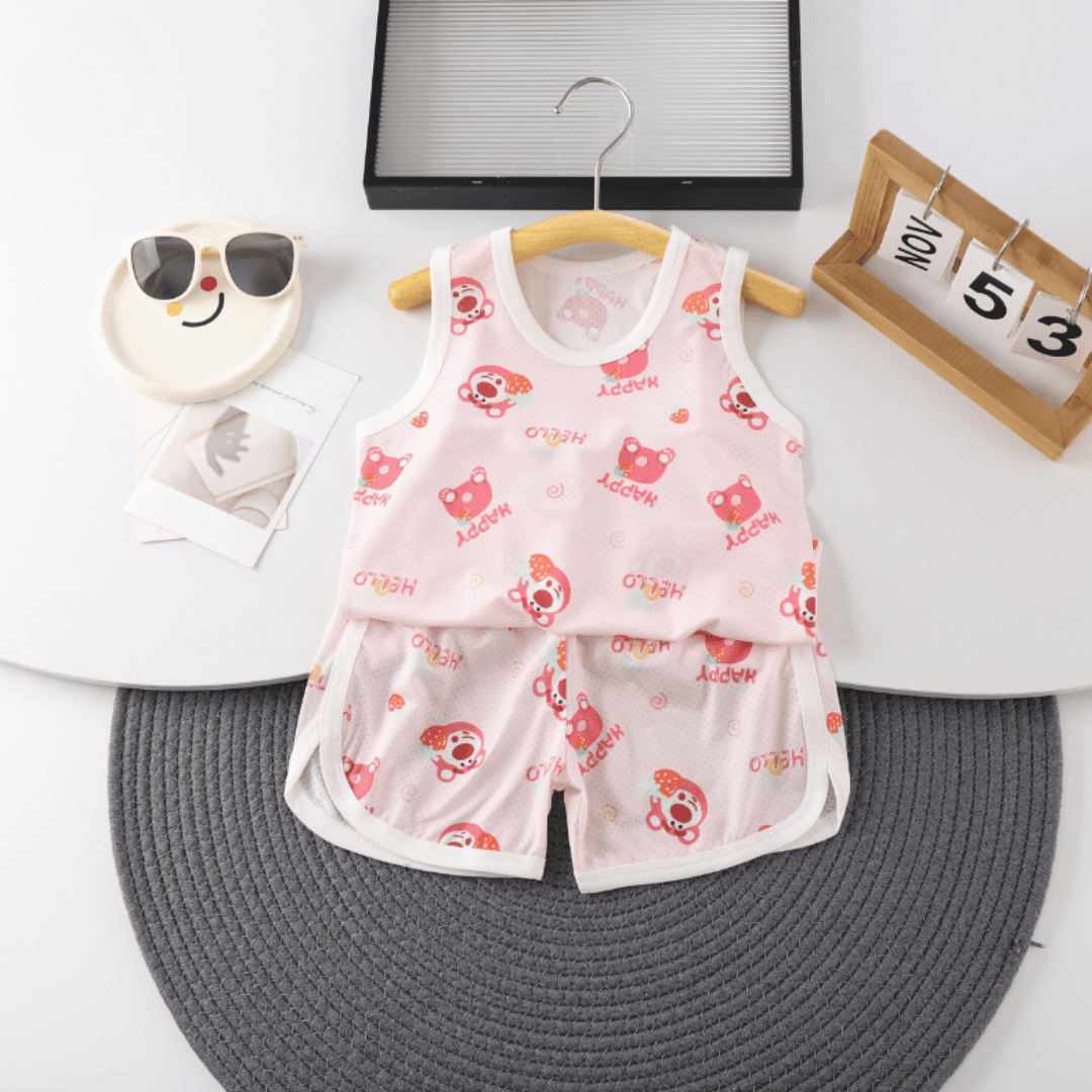Pink Bear Boys Ice Silk Vest & Shorts Set