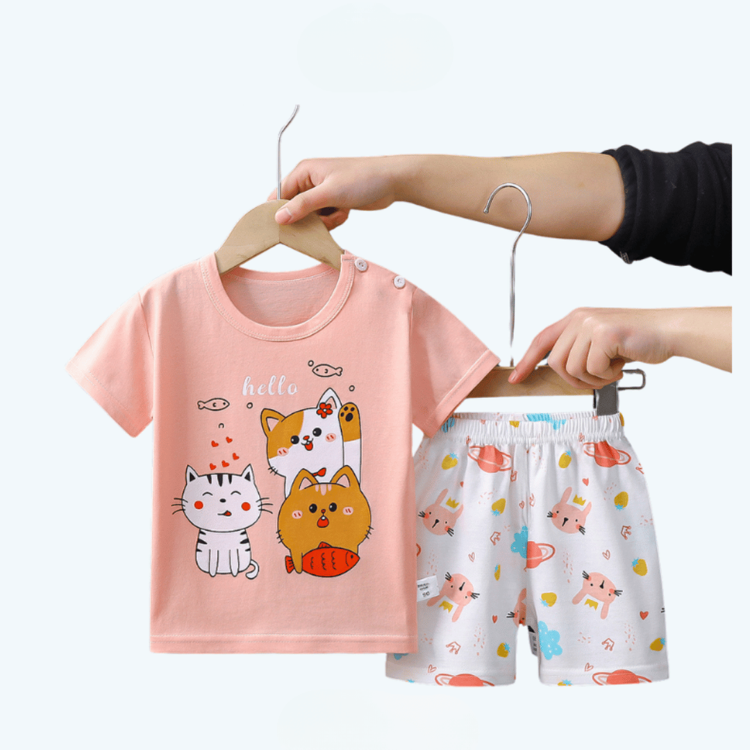 Kitten Cartoon Kids T-Shirt & Shorts Set