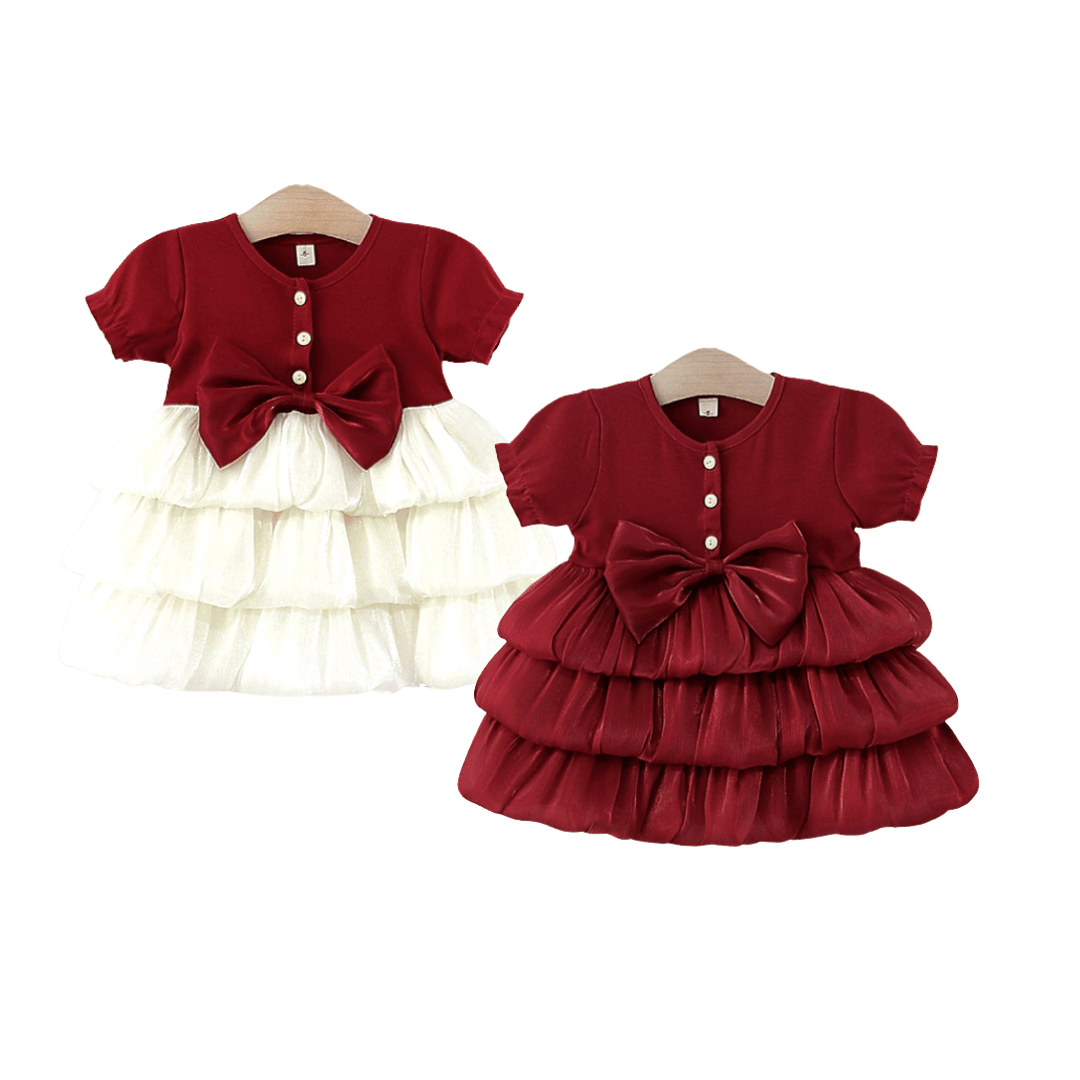 Short Sleeve Luxury Layered Tulle Bow Princess Dress
