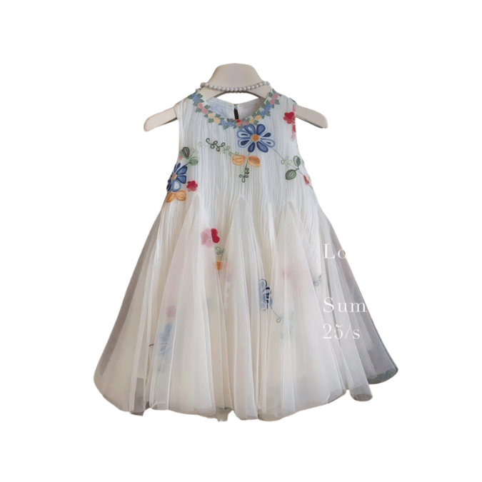 Elegant White Floral Baby Party Dress-Without Hat