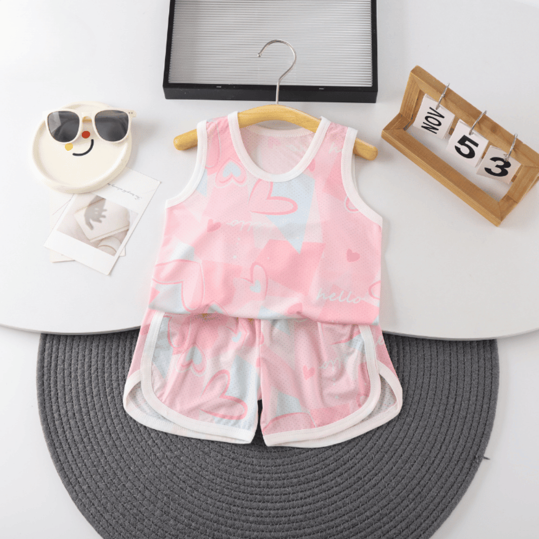 Pink Heart Boys Ice Silk Vest & Shorts Set